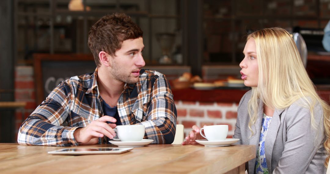 Two Friends Talking Over Coffee in Cozy Café - Free Images, Stock Photos and Pictures on Pikwizard.com