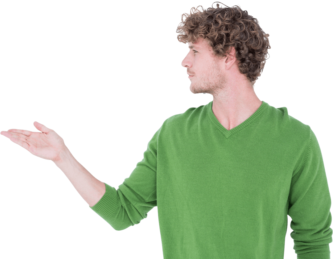 Curly-Haired Man Gesturing with Open Hand Transparent Background