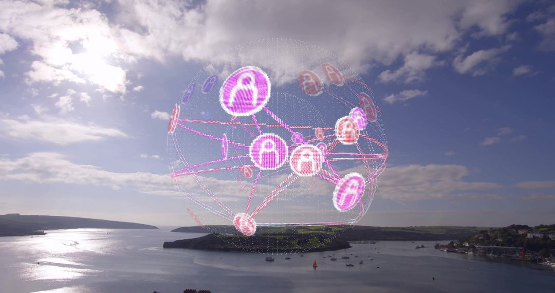 Network Connectivity Globe Over Scenic Coastal Bay Illustrating Digital Communication