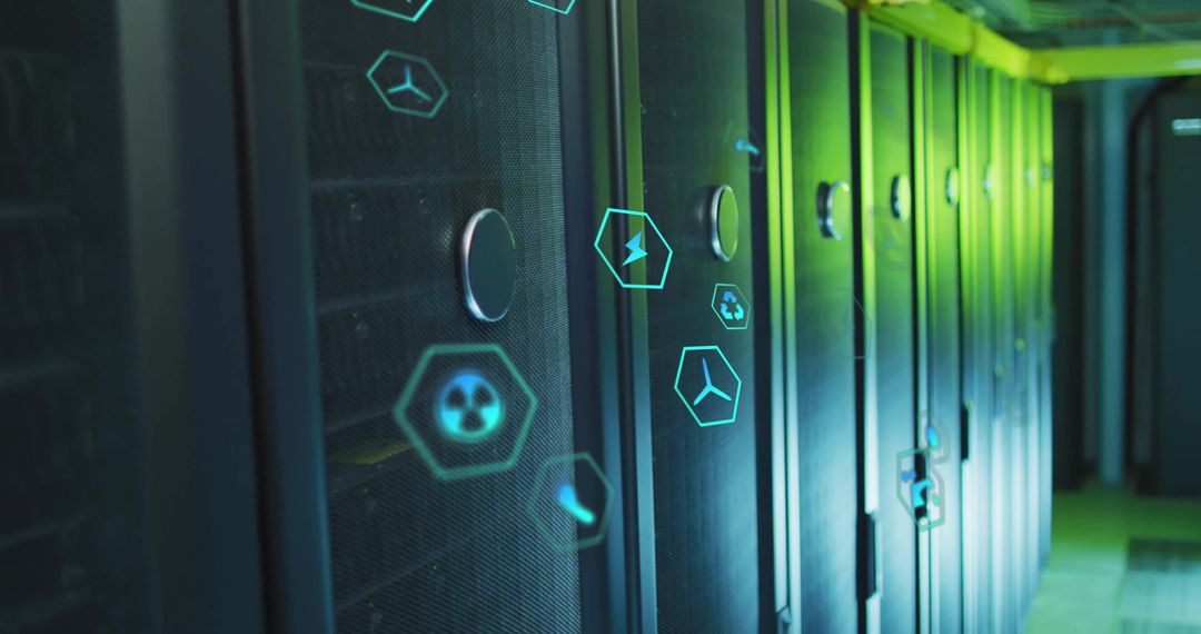 Sustainability Icons with High-Tech Server Room