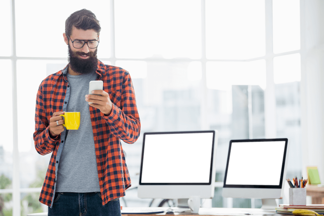 Bearded Man with Phone and Mug Standing Office Scene Transparent