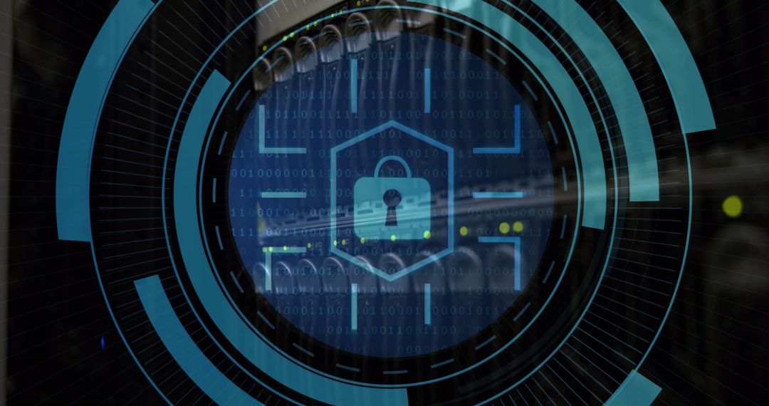 Cybersecurity Digital Interface with Padlock Icon in Server Room