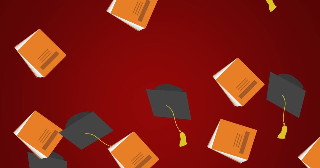 Graduation Hats and Books on Red Background Symbolizing Education
