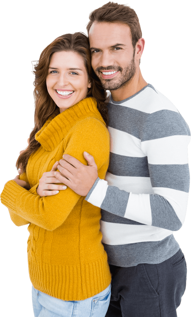 Transparent Young Couple Embracing with Joyful Smiles
