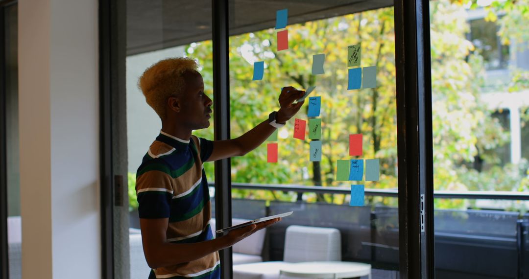 Focused Executive Strategizing with Sticky Notes in Modern Office
