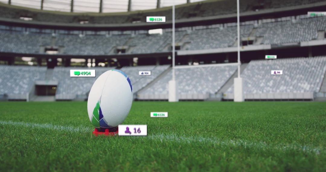 Rugby Ball on Field with Data Annotations in Stadium