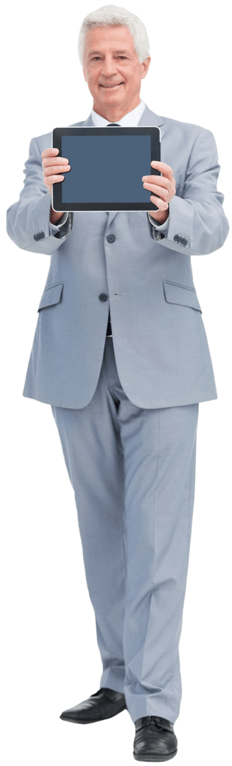 Smiling Senior Businessman Holding Transparent Tablet Screen