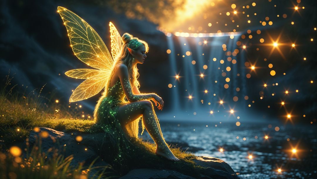 Mystical Fairy Sitting by Waterfall with Glowing Wings and Sparkles