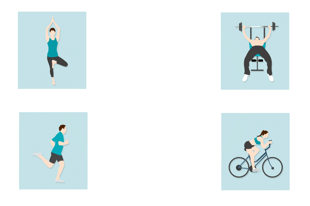 Transparent Illustration of Diverse Exercise Activities on Blue Squares