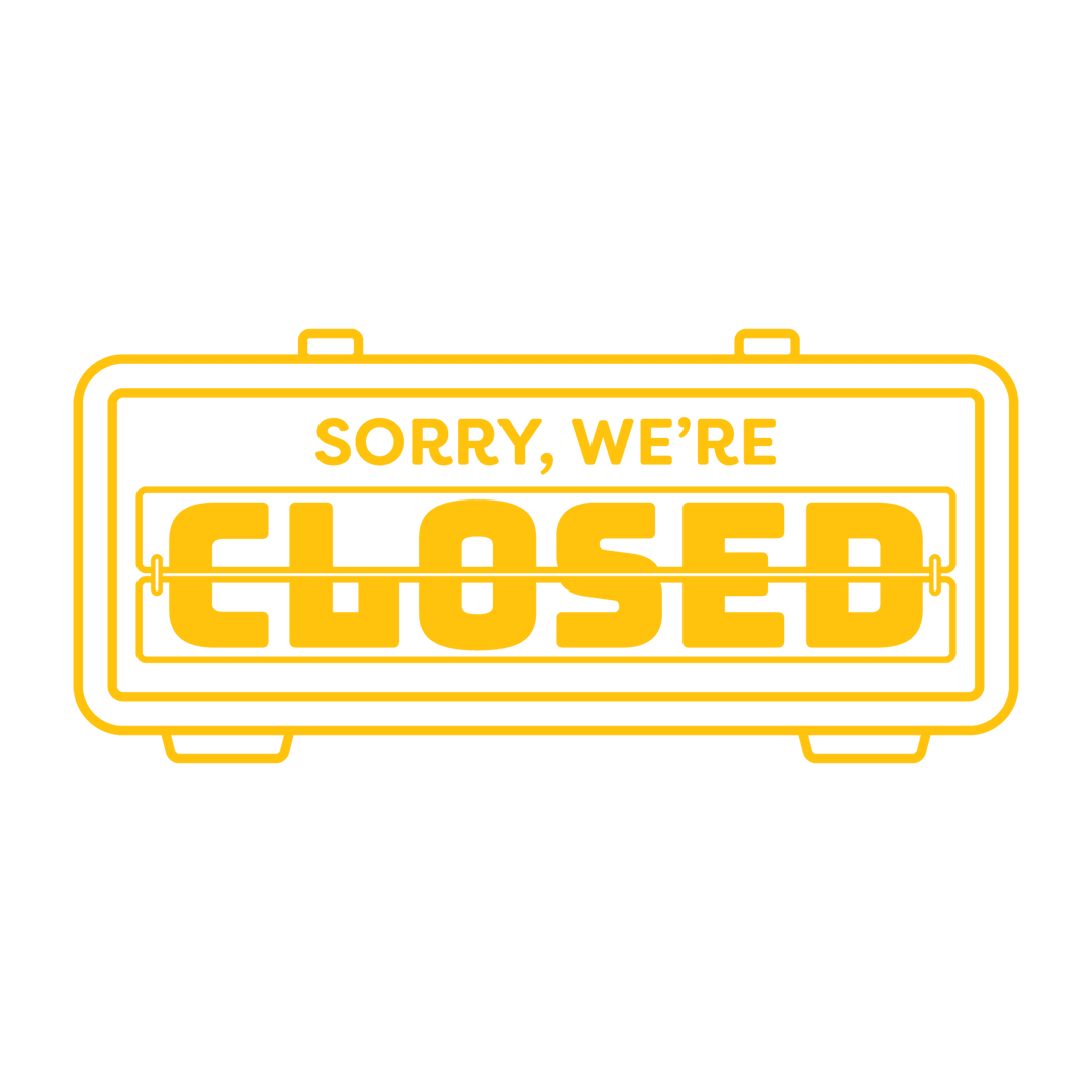 Bold Yellow 'Sorry We're Closed' Neon Sign on Transparent Background
