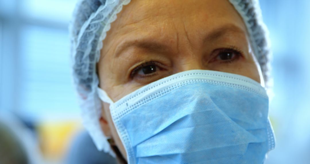 Close-up of Healthcare Professional Wearing Surgical Mask and Hair Cap - Free Images, Stock Photos and Pictures on Pikwizard.com