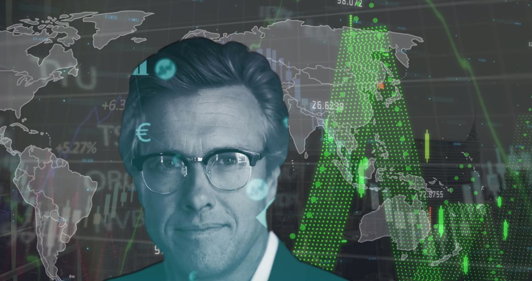 Confident Businessman with Global Digital Financial Graphs