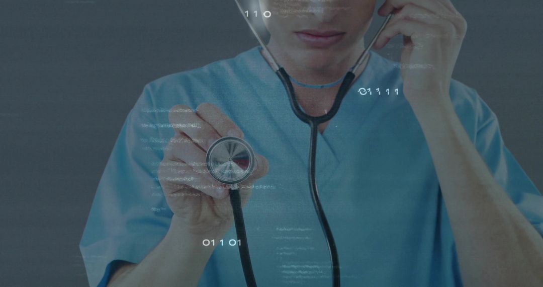 Medical Professional Using Stethoscope with Digital Overlay