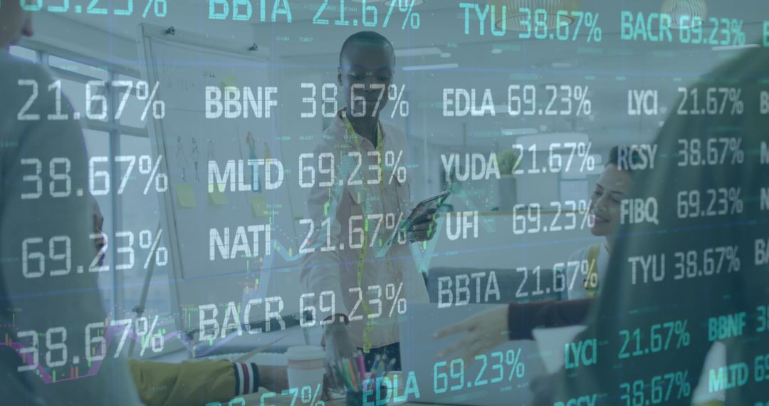 Multiracial Team Discussing Reports with Overlay of Trading Board Data