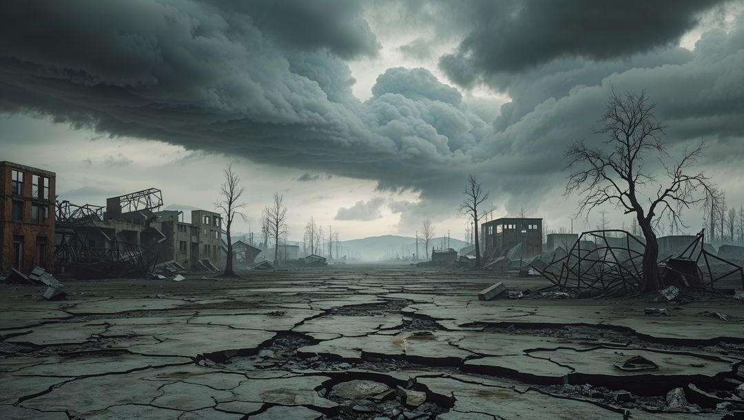 Desolate Post-Apocalyptic Wasteland with Ruined Buildings