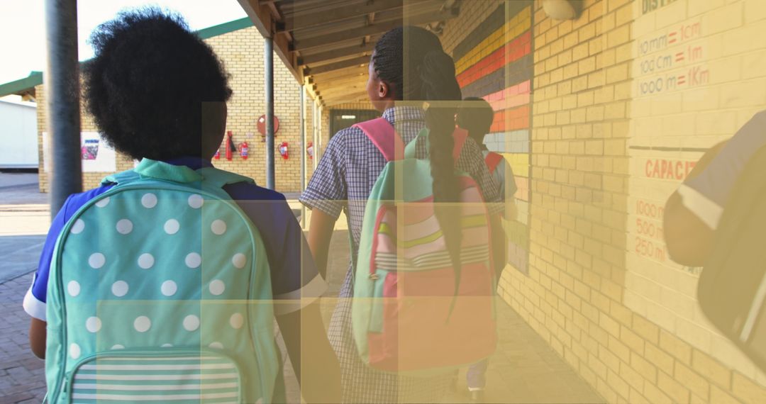 Students with Backpacks Walking in Schoolyard