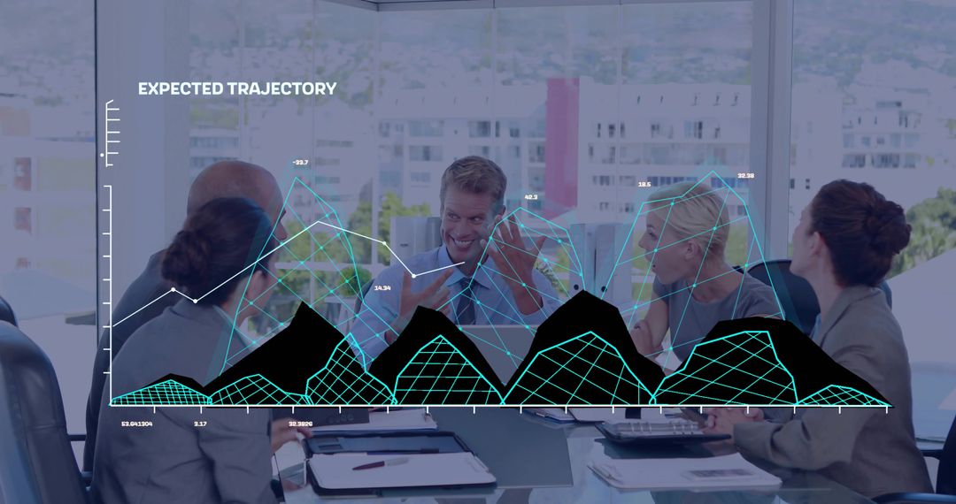 Business Executives Discussing Data Projections with Visualization Overlay