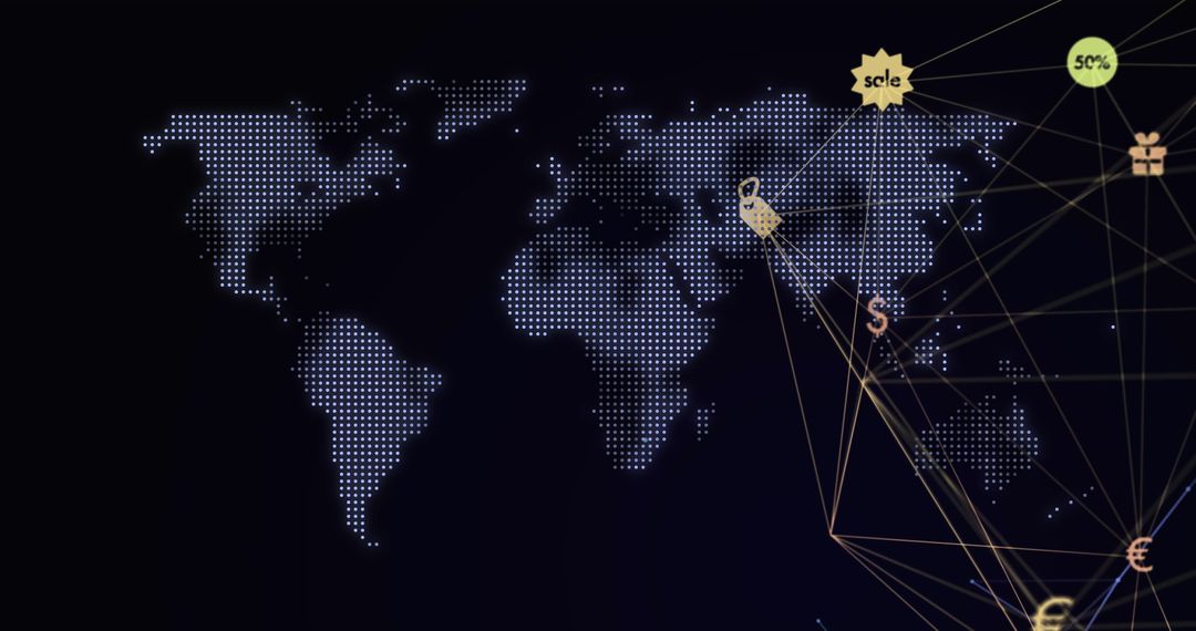 Global Network Connections with Digital Shopping Icons