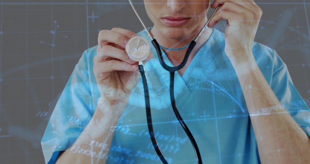 Medical Professional Using Stethoscope with Digital Interface Overlay