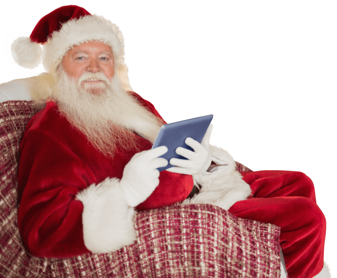 Santa Claus Using Tablet on Transparent Background