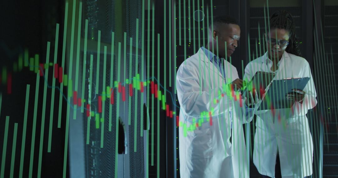 Data Analysts Collaborating in Server Room with Overlay Graph