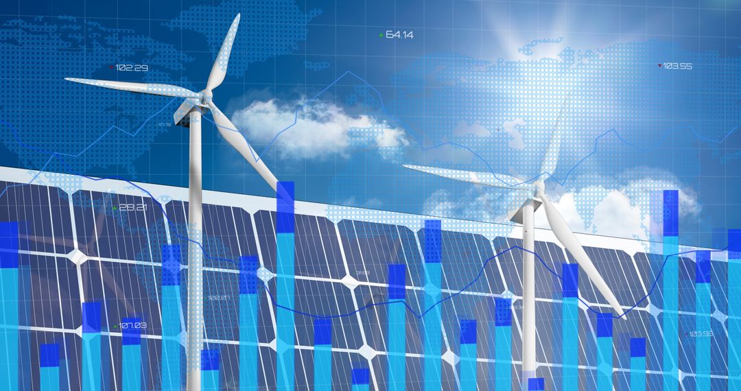 Renewable Energy and Financial Data Overlay Illustrating Global Trends