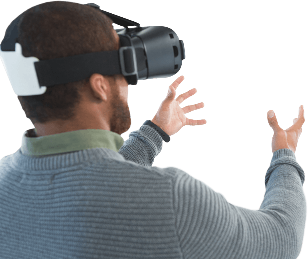 Male Professional Explores New World with Transparent VR Headset