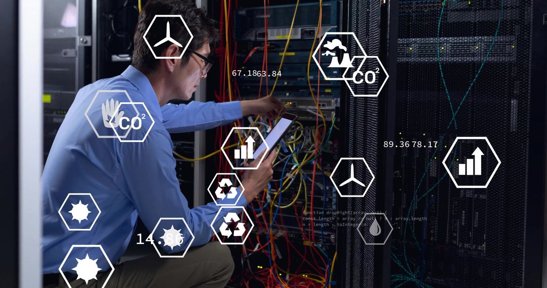 Engineer Analyzing Computer Servers with Eco Icons Overlay