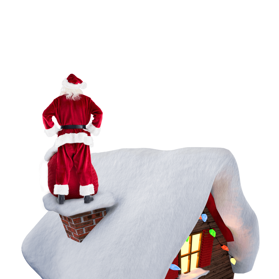 Santa Claus on Roof Standing Next to Chimney Transparent Background