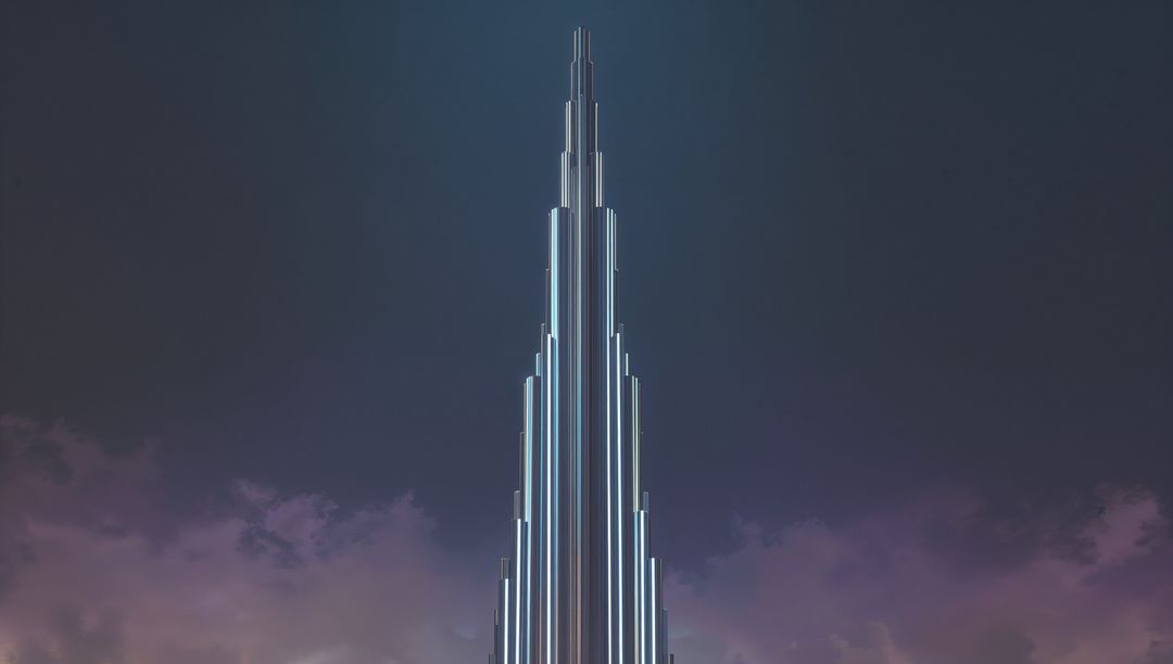 Rising futuristic skyscraper with LED facade and reflective spire at dusk