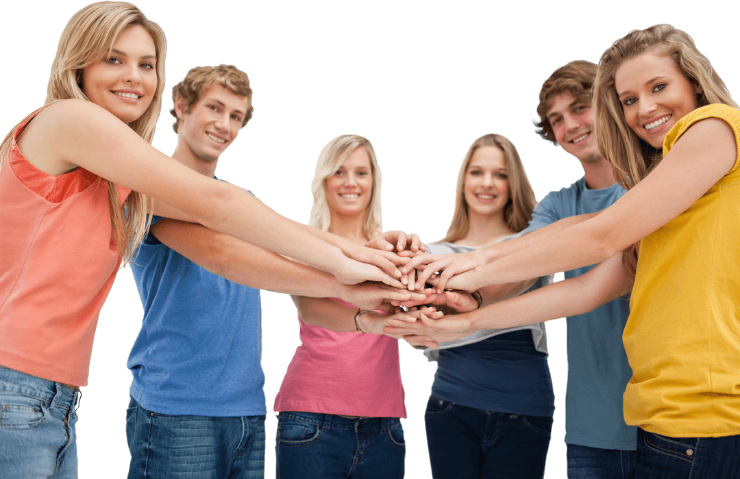 Group of Diverse Smiling Friends with Stacked Hands Transparent Background