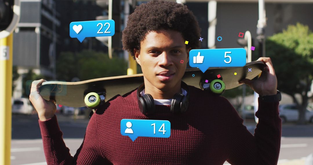 African American Man Embraces Digital Interaction and Skateboarding
