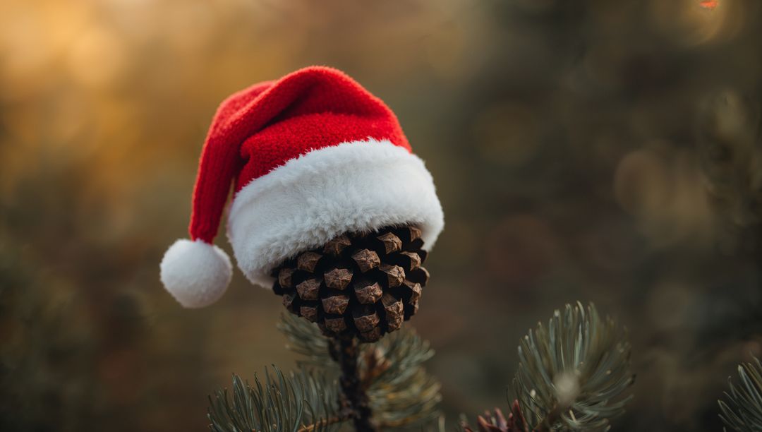 Pine Cone Wearing Santa Hat on Evergreen Branch with Warm Bokeh and Sunflare
