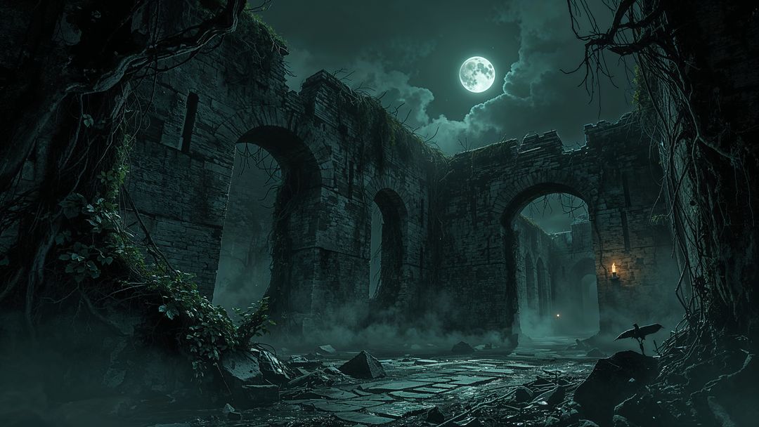 Mysterious Moonlit Forgotten Ruins with Fog and Gothic Archways
