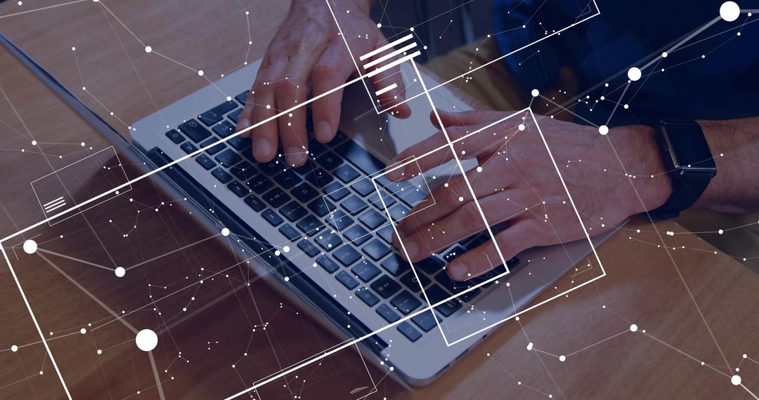 Hands Typing on Laptop with Digital Network Overlay Symbolizing Connectivity