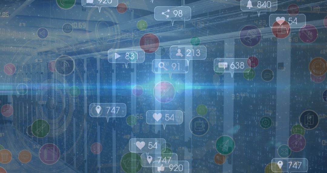 Digital Connections: Server Room Overlayed with Tech Icons