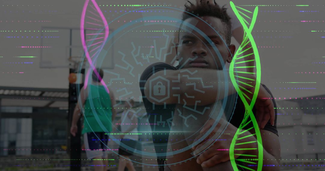 Fit Athlete Stretching Amid Futuristic Tech Innovation Graphics