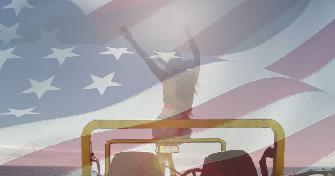 Celebrating Freedom with Patriotic Joyriding Woman on Jeep - Free Images, Stock Photos and Pictures on Pikwizard.com