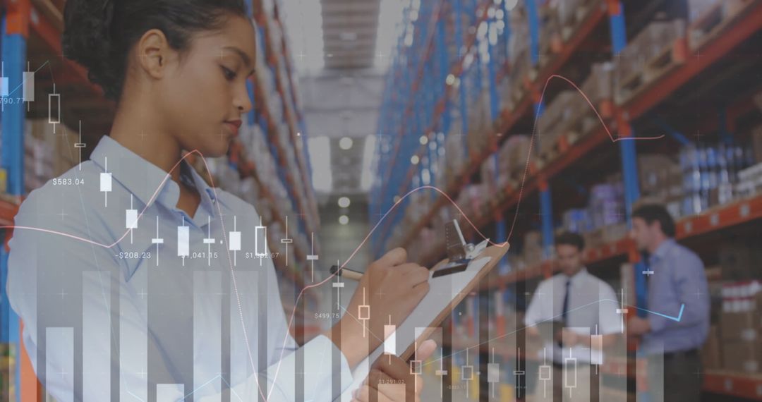 Woman Evaluating Warehouse Goods with Data Graphics Overlay