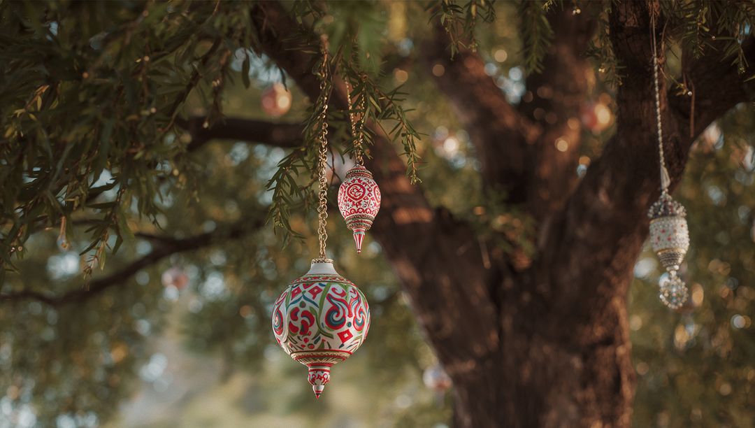 Artistic Metal Ornament with Ethnic Design Hanging on Tree