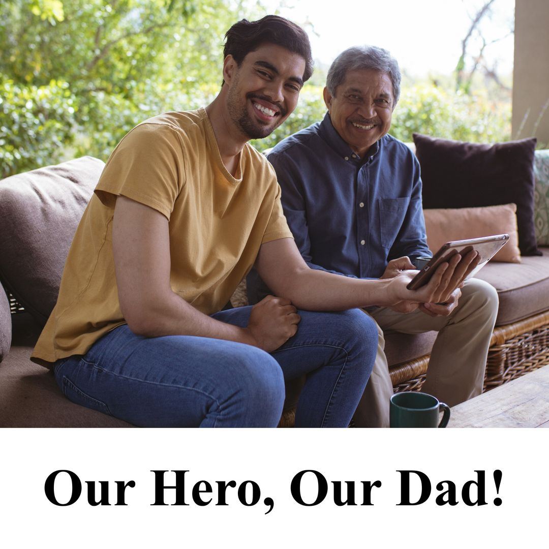 Father and Son Using Tablet Together on Patio