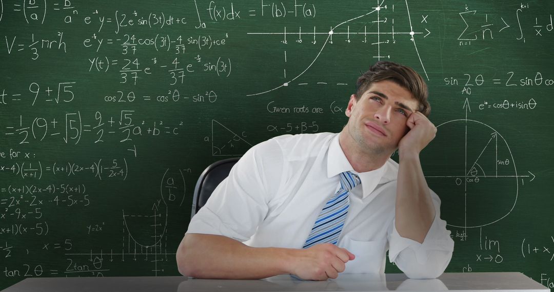 Man Deep in Thought with Chalkboard of Math Formulas