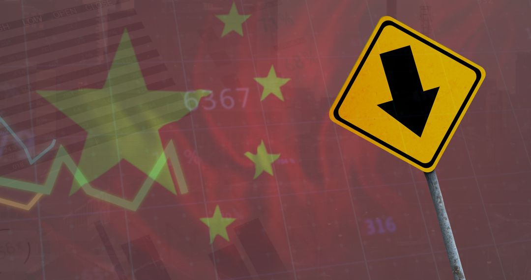 China Economy Downturn Concept with Falling Arrow and Flag