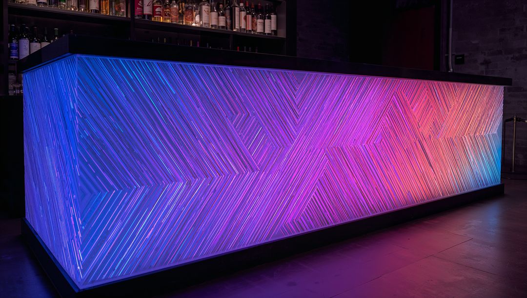 Glowing LED Bar Front with Herringbone Geometric Lines RGB Backlit Neon for Modern Lounge
