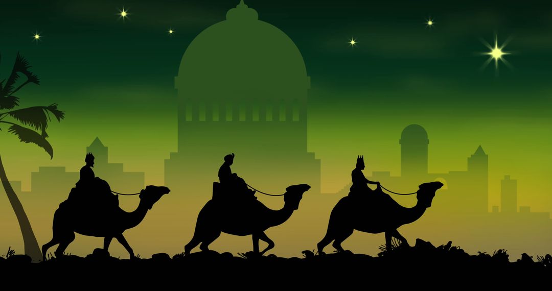 Silhouette of Three Wise Men on Camels Against Night Sky