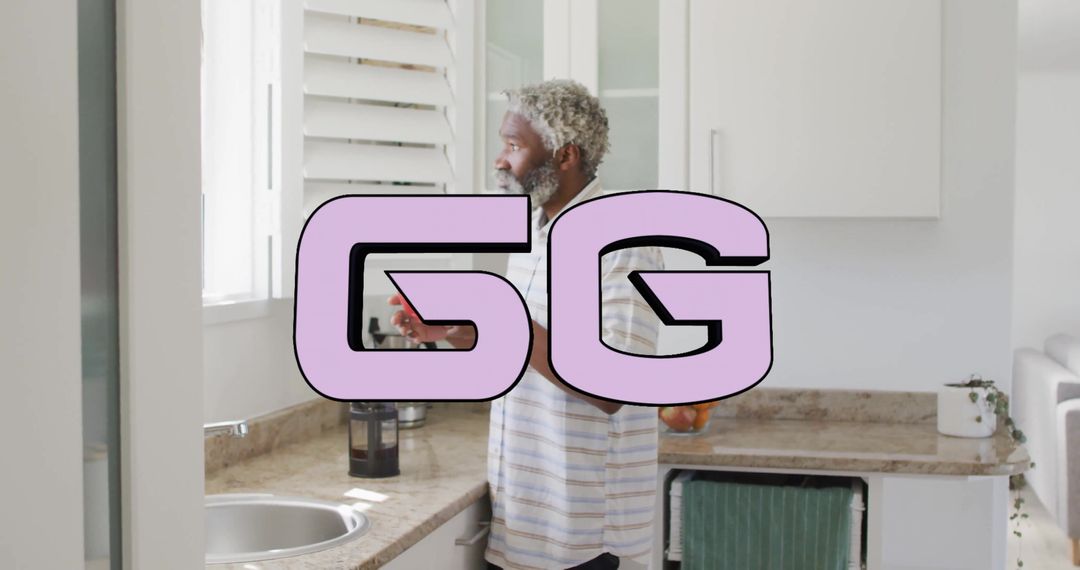 Senior Man Using Smartphone at Home with 5G Overlay