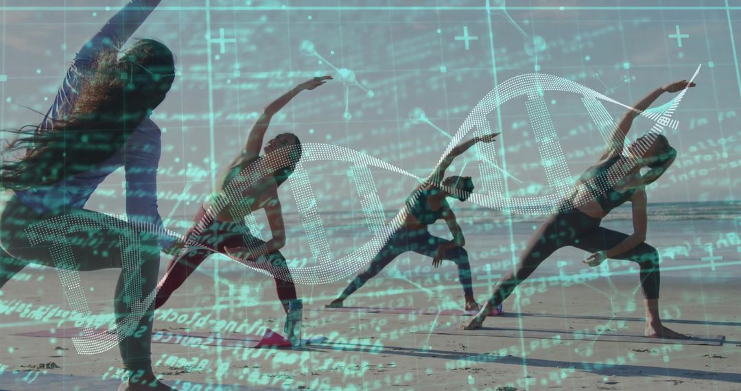 Women Practicing Yoga with DNA Helix Overlay on Beach