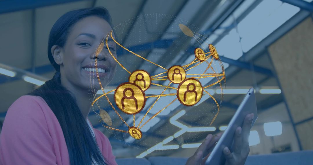 Woman Engaging with Digital Network Graphic in Modern Workspace