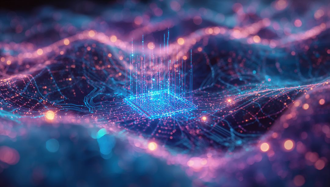 Futuristic Microchip on Neon Circuit Grid with Glowing Data Nodes