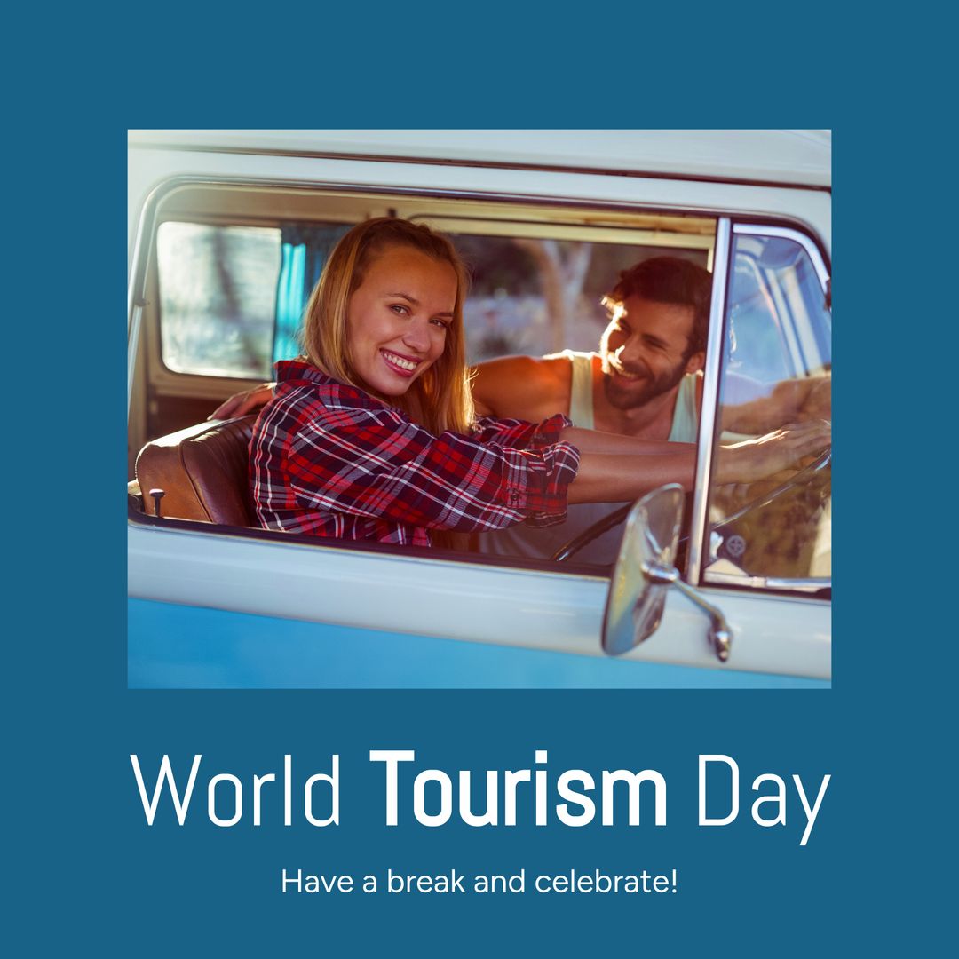 Smiling Couple Enjoys Road trip in Vintage Camper Van